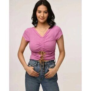 Free People V-Neck Waist Cut-Out Cropped Top Pink Short Sleeve Ruched M 256120